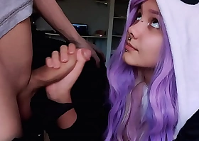 Cute girl with purple hair is delighted with my penis