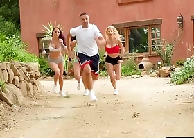 Three pornstar runners share a big cock in a foursome