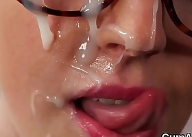 Double-dealing infant gets cumshot on her face swallowing all the spunk