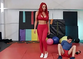 Busty ginger stepmom riding short guys cock in the gym
