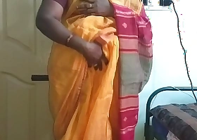 Desi indian sex-mad tamil telugu kannada malayalam hindi horny white wife vanitha crippling orange colour saree showing big bosom and bald slit press hard bosom press nip rubbing slit vituperation