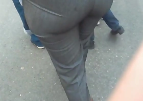 Heavy butt in tight grey pants 1