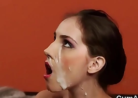 Kinky bombshell gets spunk fountain on her face swallowing all the love juice