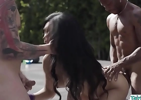 Trans Eva interracial threesome bareback anal on the basketball square footage