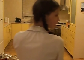 student 18+ with pigtails drilled in the arse in the kitchen