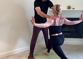 Stepson helps stepmom in all directions yoga together in the matter of stretches her pussy